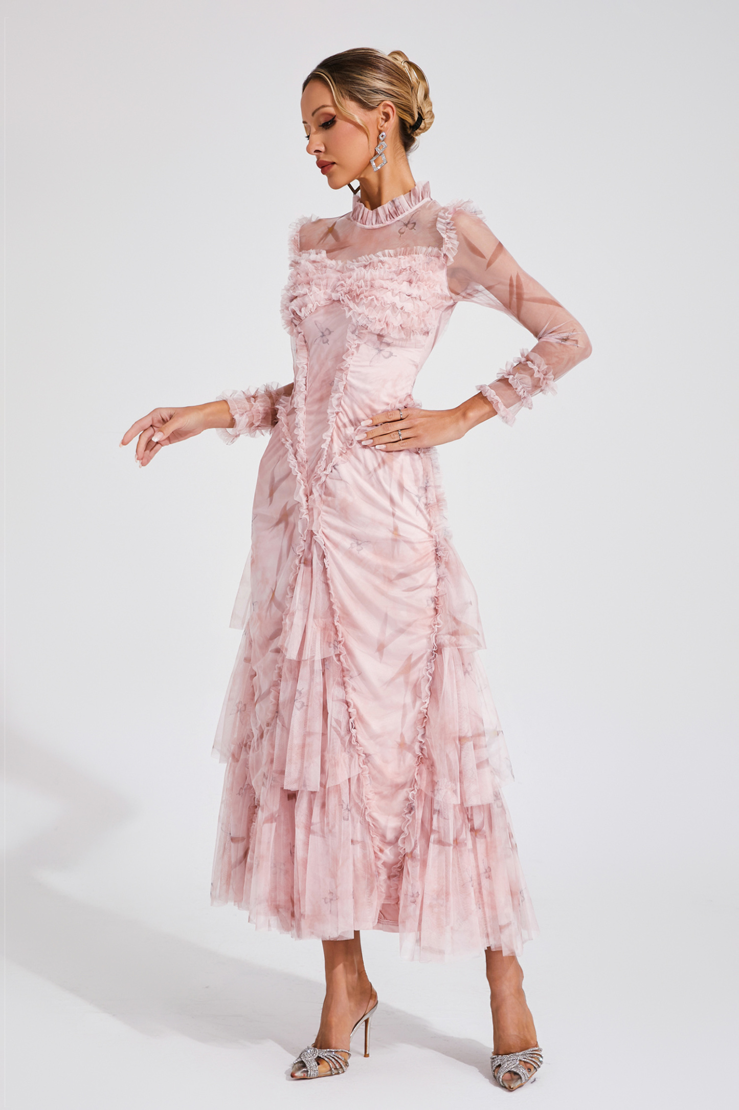 Deirdre Pink Mesh Ruched Maxi Dress