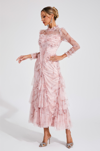 Deirdre Pink Mesh Ruched Maxi Dress