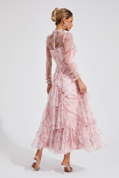 Deirdre Pink Mesh Ruched Maxi Dress