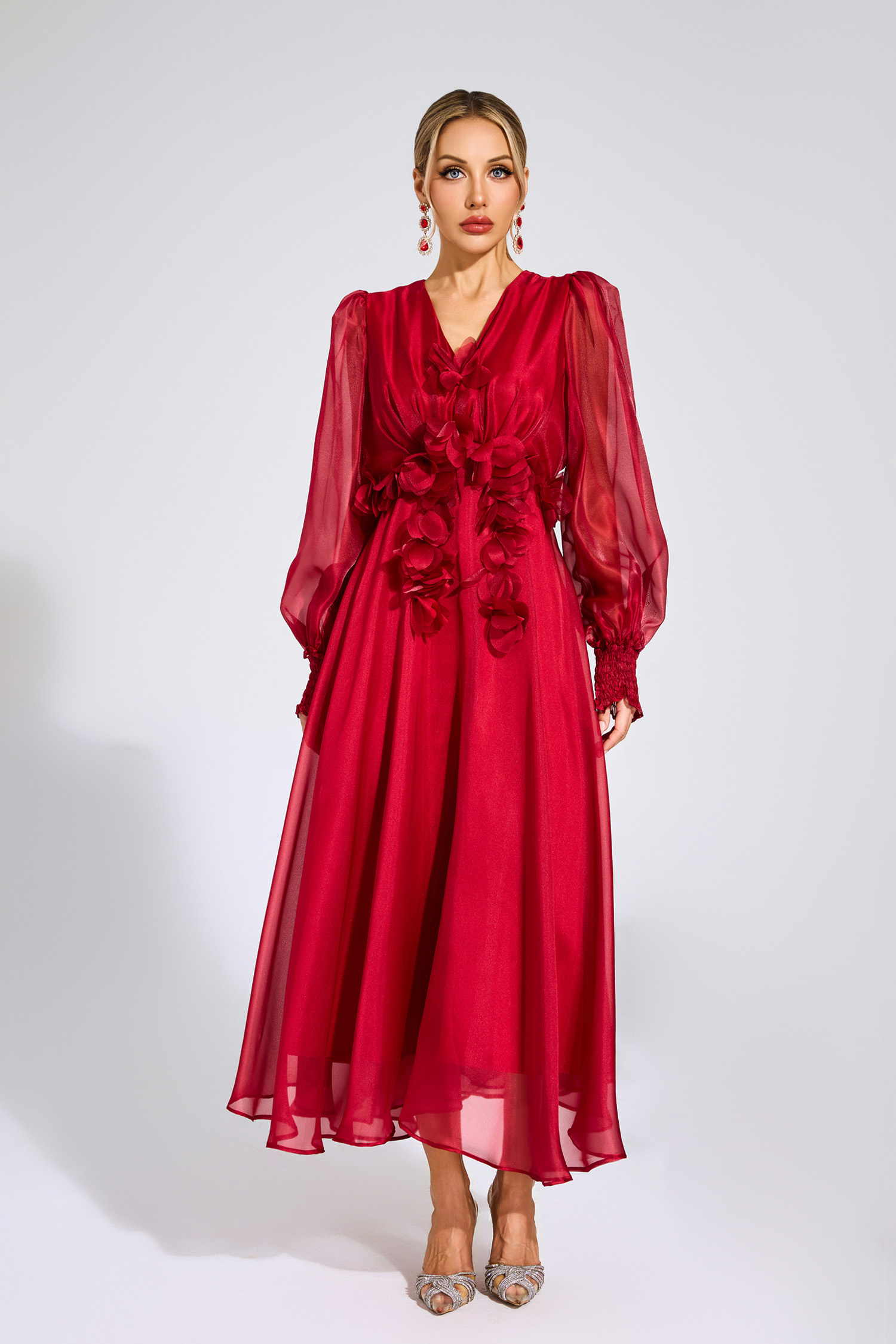 Christy Red Flower Satin Midi Dress