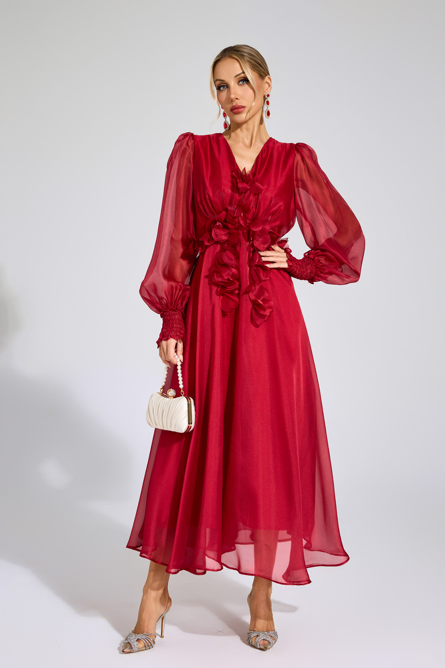 Christy Red Flower Satin Midi Dress