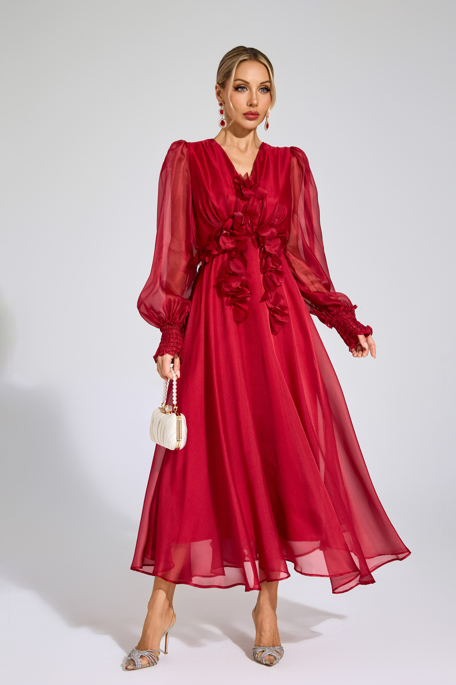 Christy Red Flower Satin Midi Dress