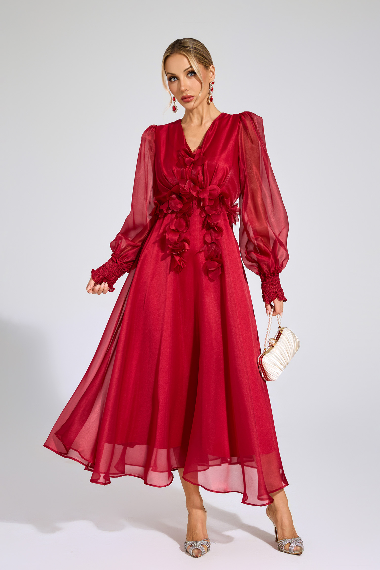 Christy Red Flower Satin Midi Dress