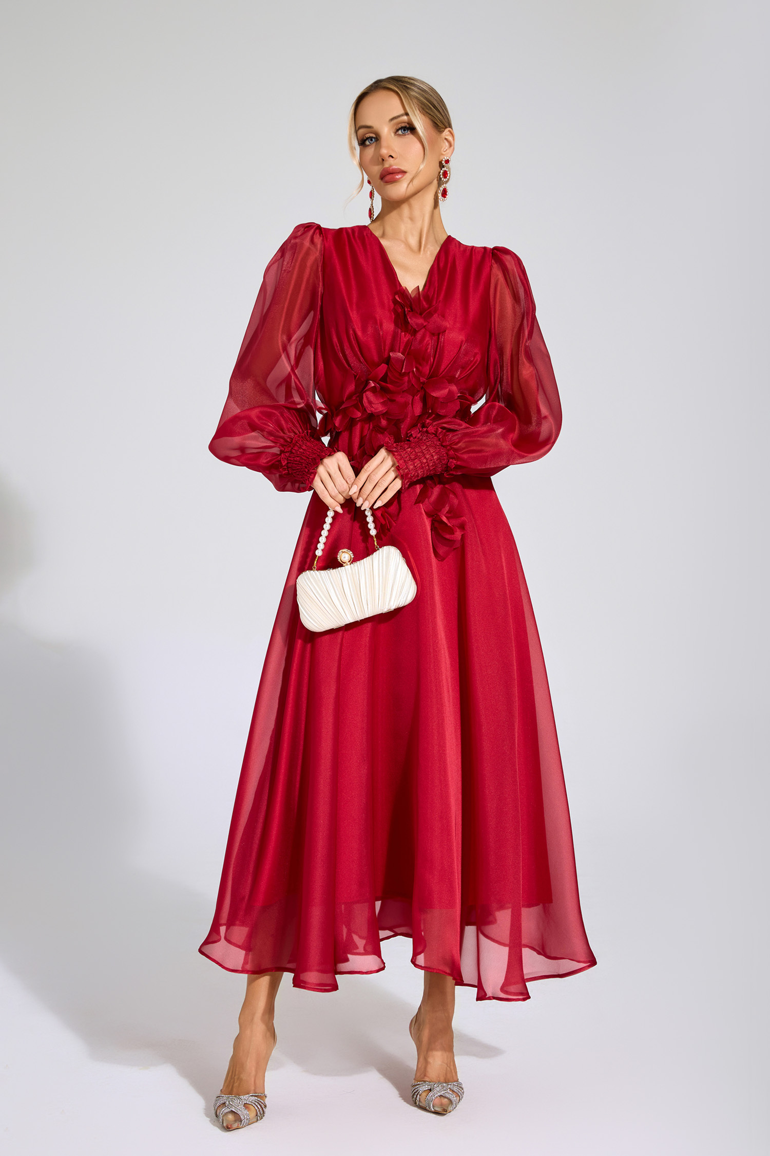 Christy Red Flower Satin Midi Dress