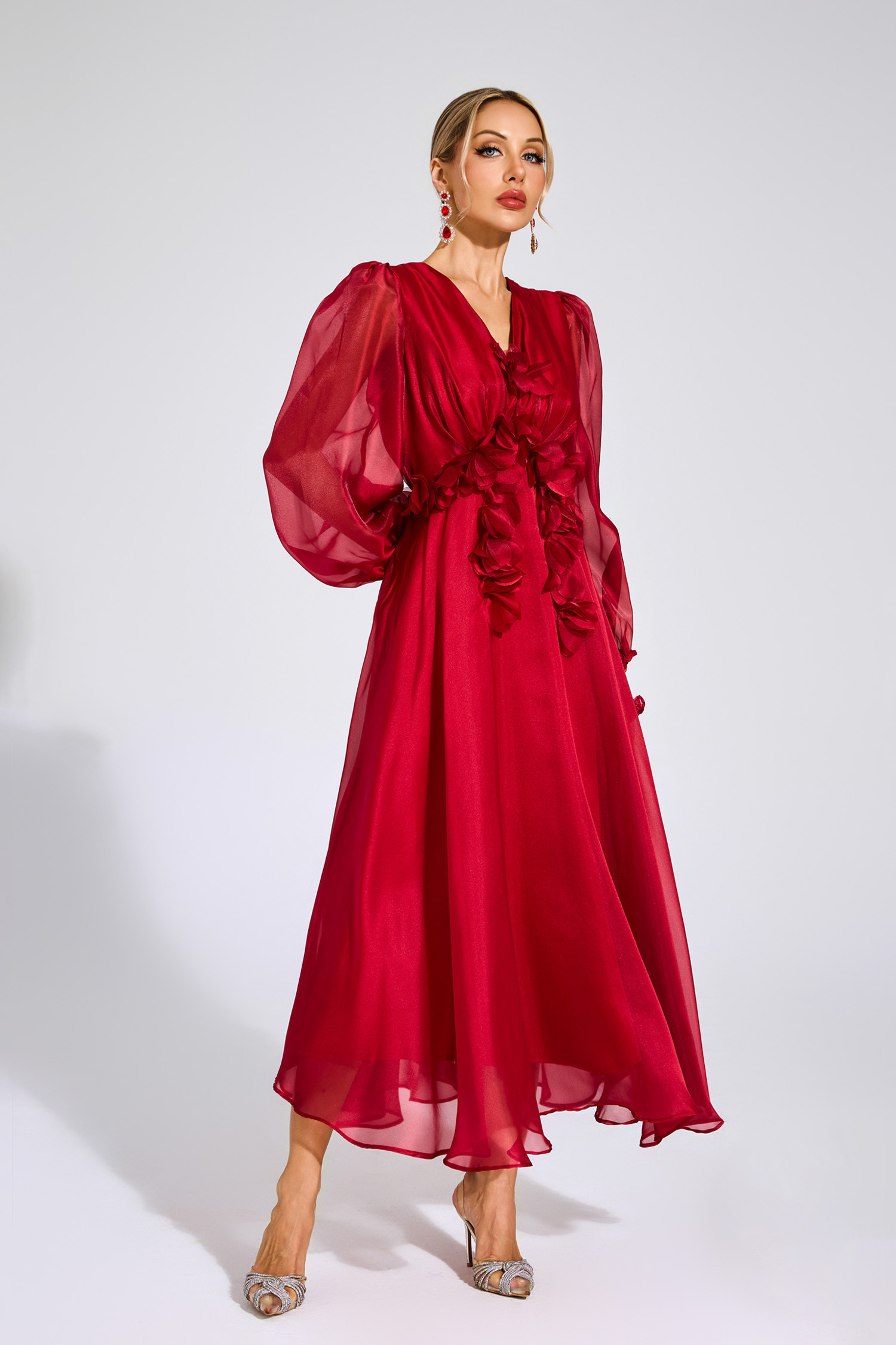 Christy Red Flower Satin Midi Dress