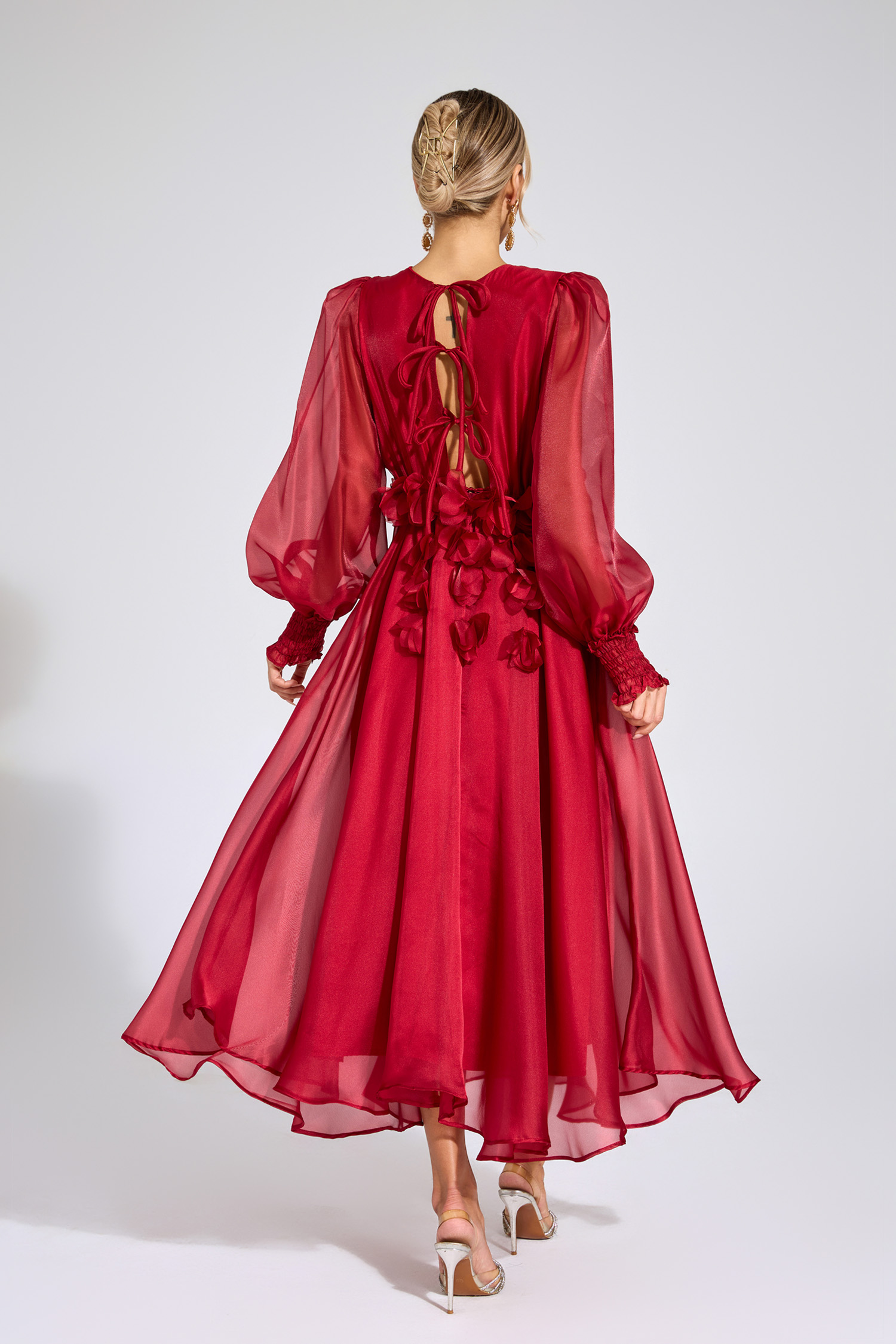Christy Red Flower Satin Midi Dress
