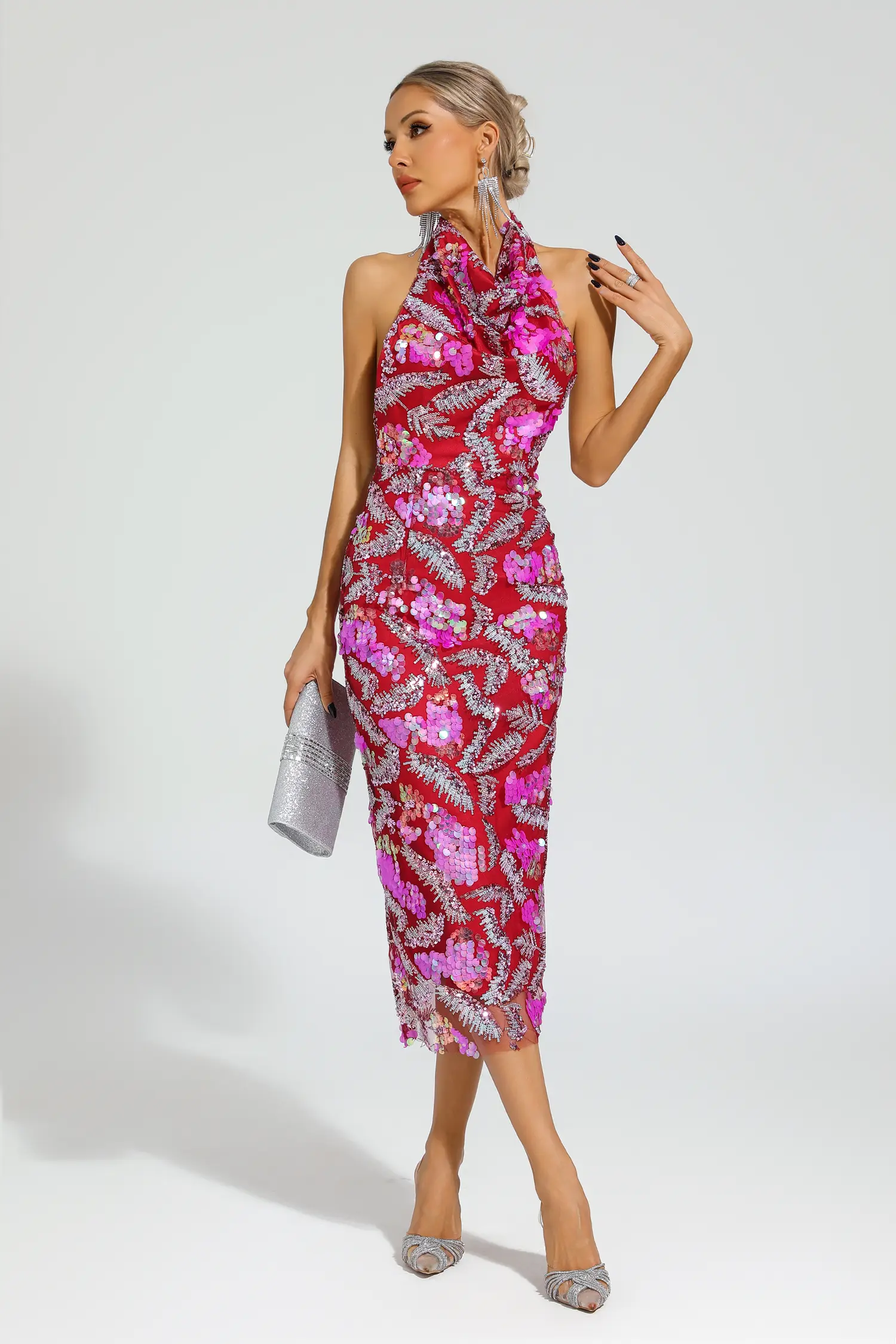Noyes Rose Red Sequins Halter Dress