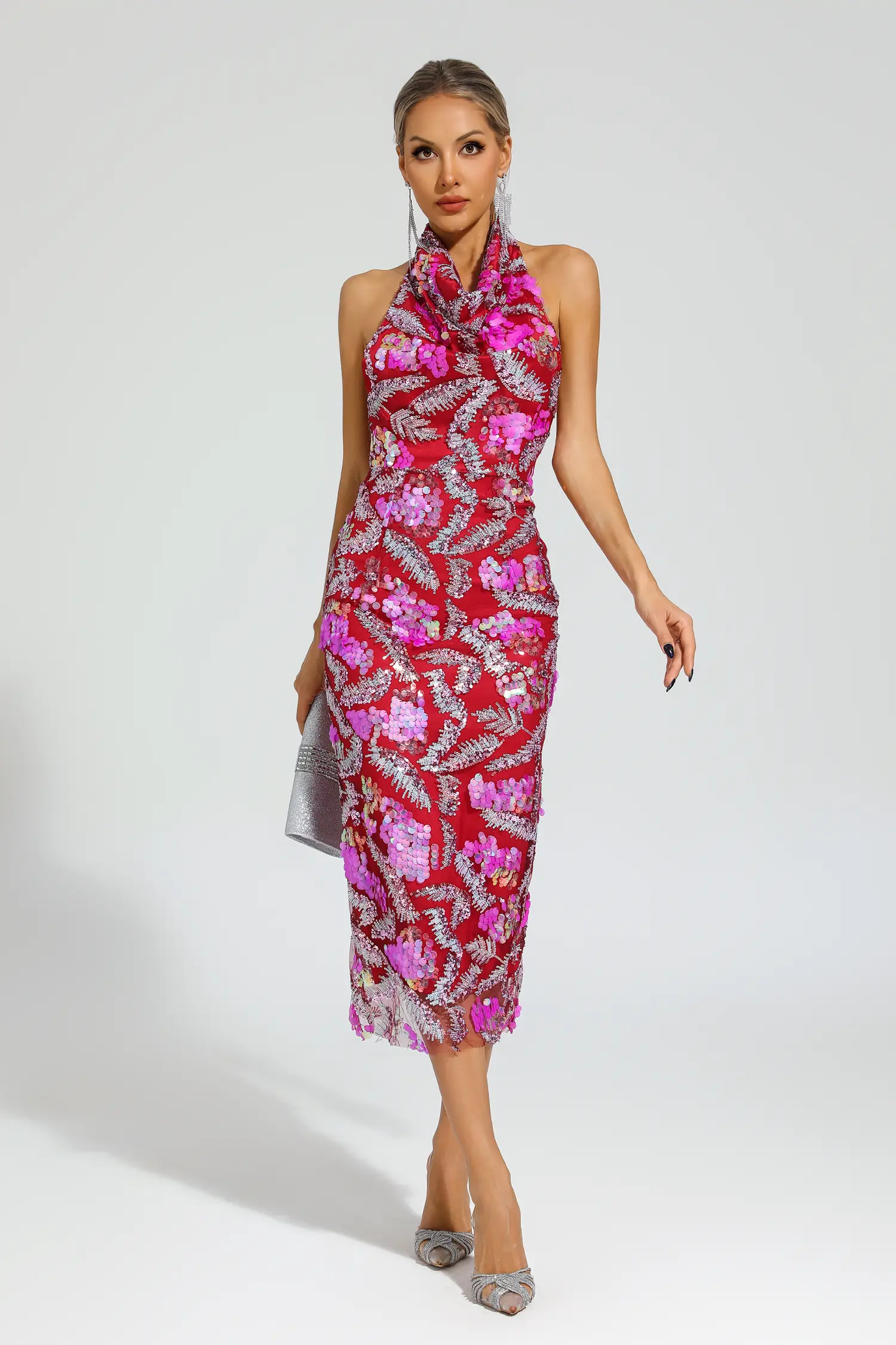 Noyes Rose Red Sequins Halter Dress