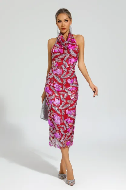 Noyes Rose Red Sequins Halter Dress