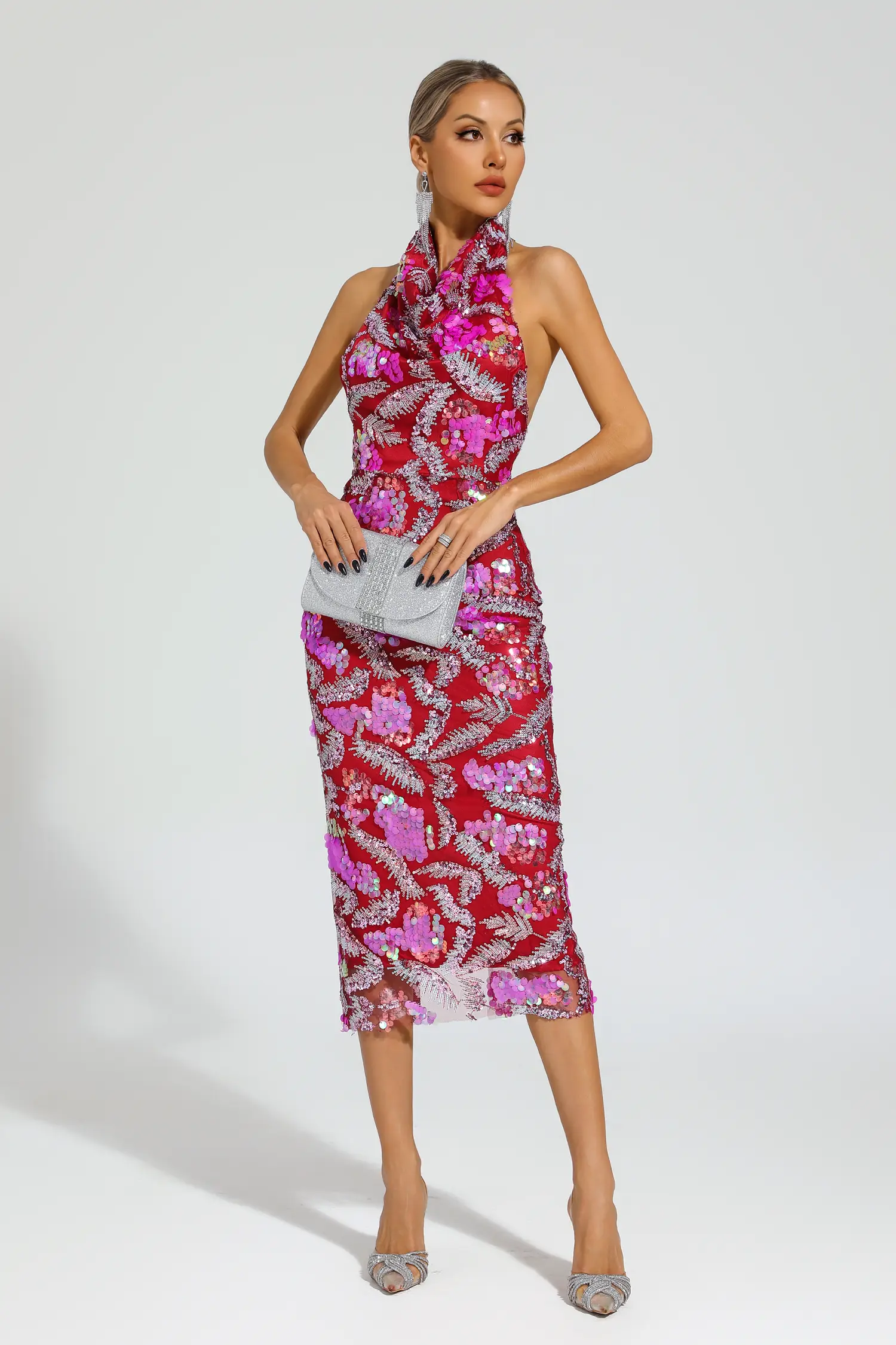 Noyes Rose Red Sequins Halter Dress
