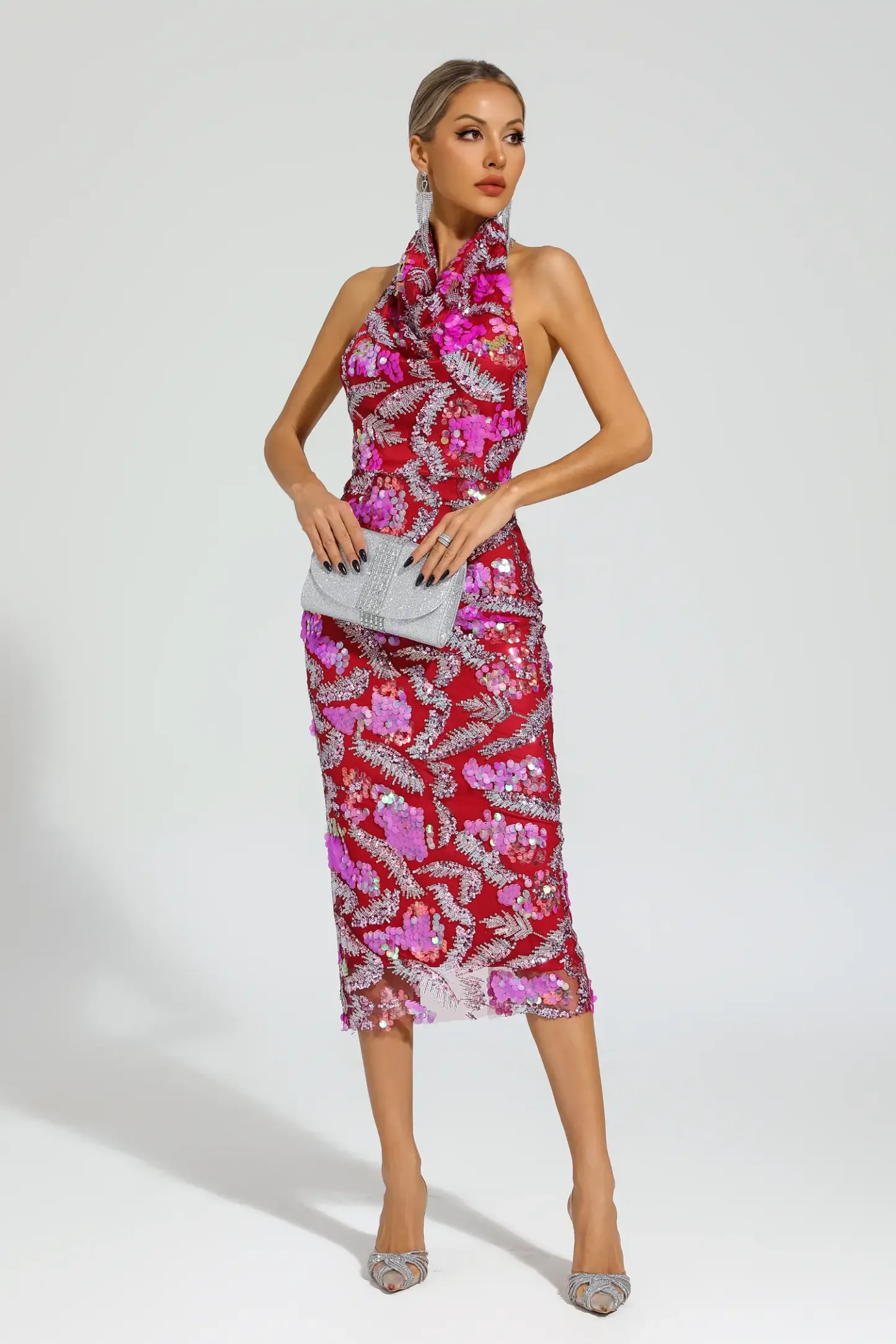 Noyes Rose Red Sequins Halter Dress