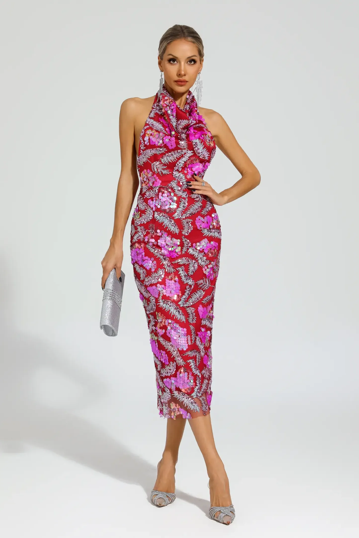 Noyes Rose Red Sequins Halter Dress