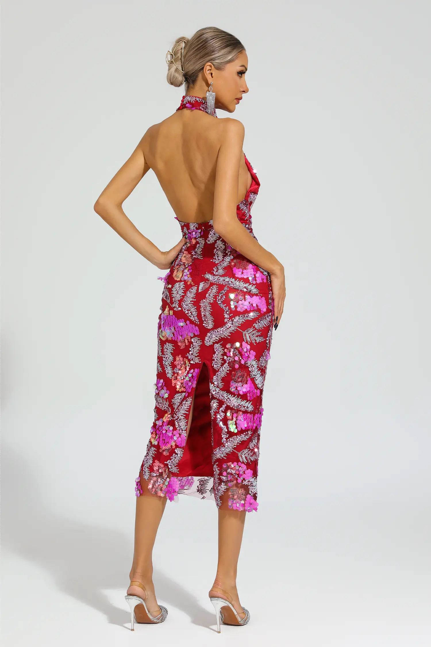 Noyes Rose Red Sequins Halter Dress