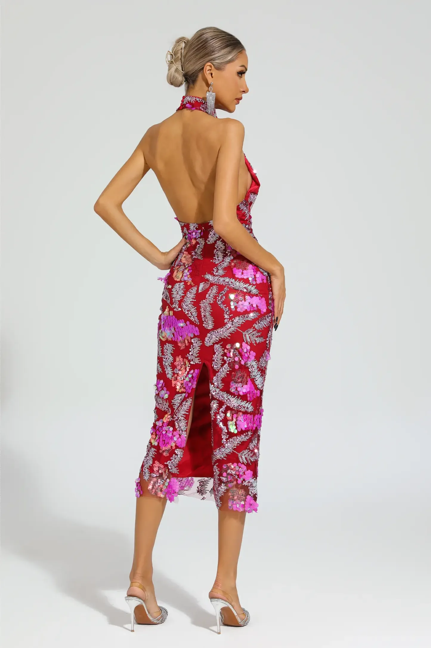 Noyes Rose Red Sequins Halter Dress