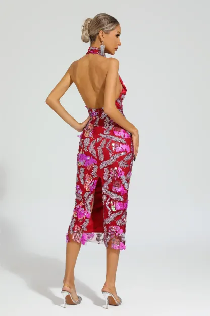 Noyes Rose Red Sequins Halter Dress