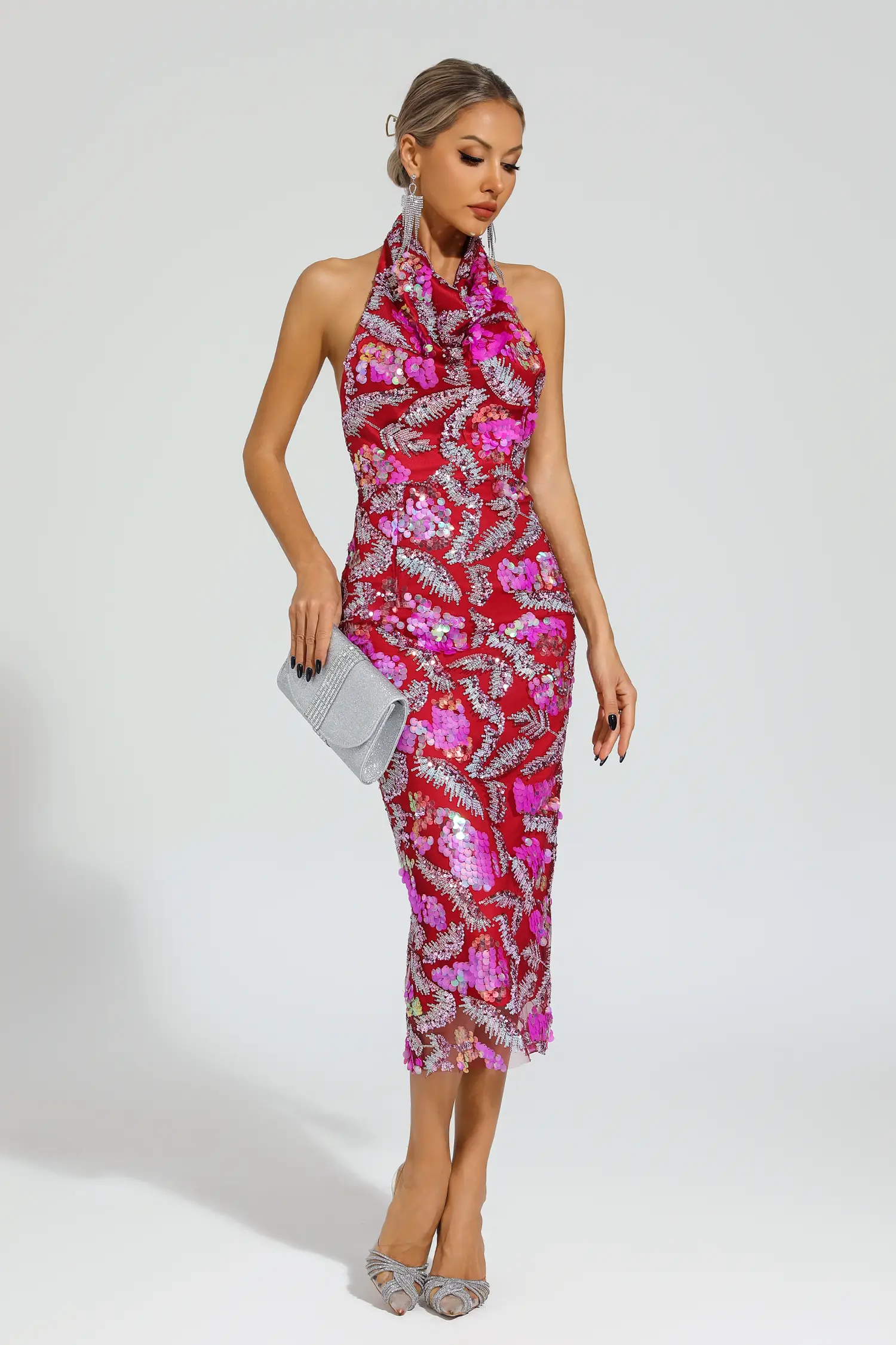 Noyes Rose Red Sequins Halter Dress
