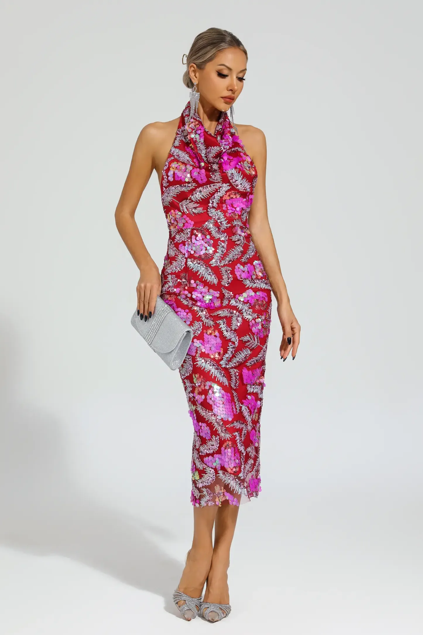 Noyes Rose Red Sequins Halter Dress