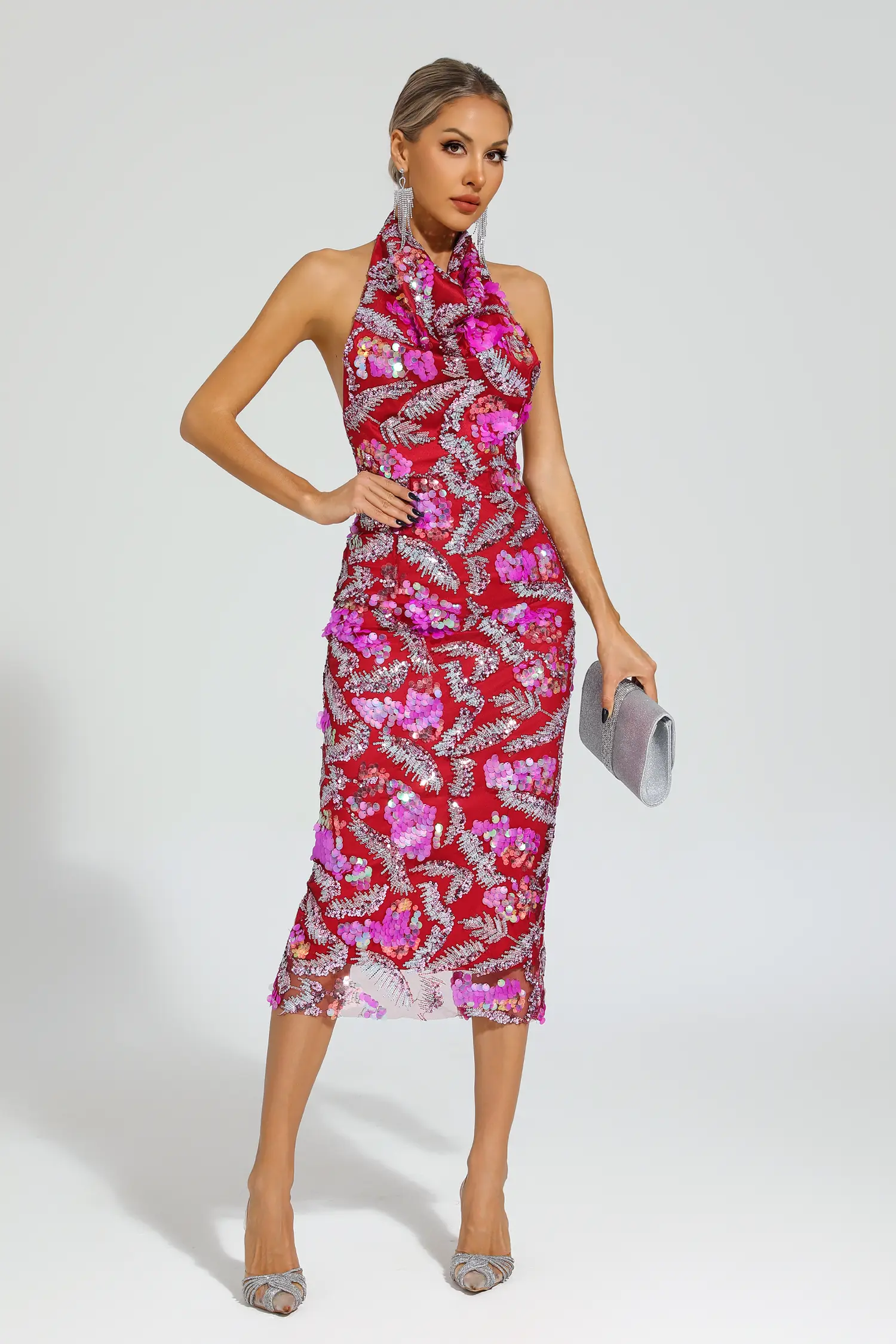 Noyes Rose Red Sequins Halter Dress