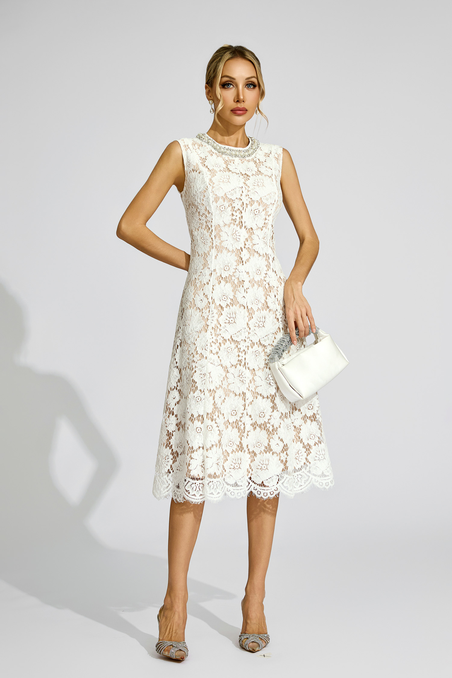 Matthew White Lace Embellished Dress