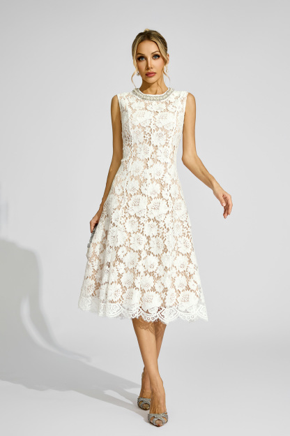 Matthew White Lace Embellished Dress