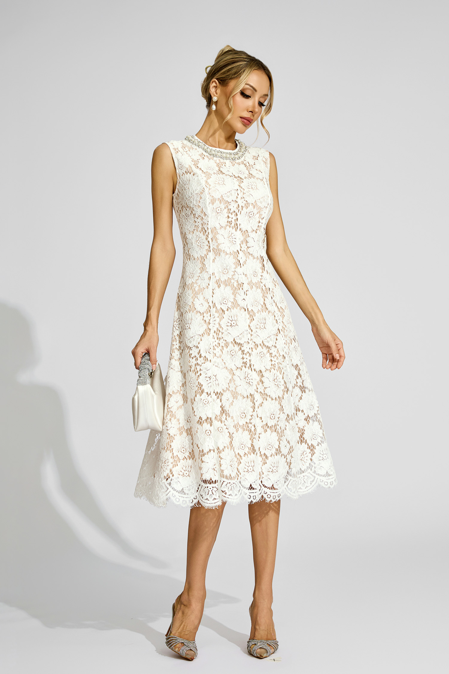 Matthew White Lace Embellished Dress