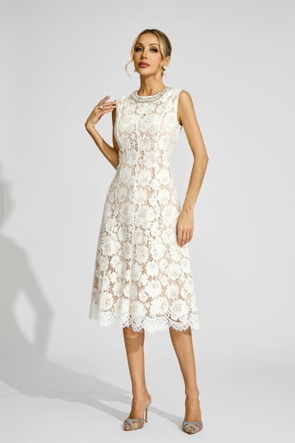 Matthew White Lace Embellished Dress