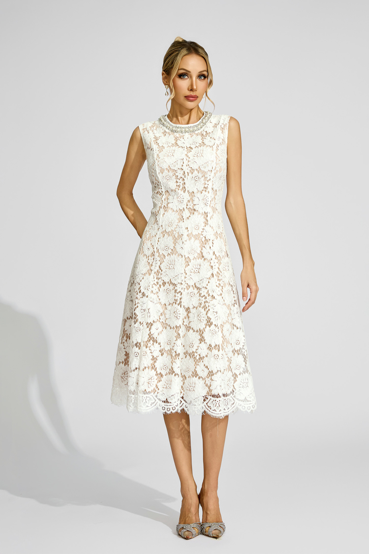 Matthew White Lace Embellished Dress