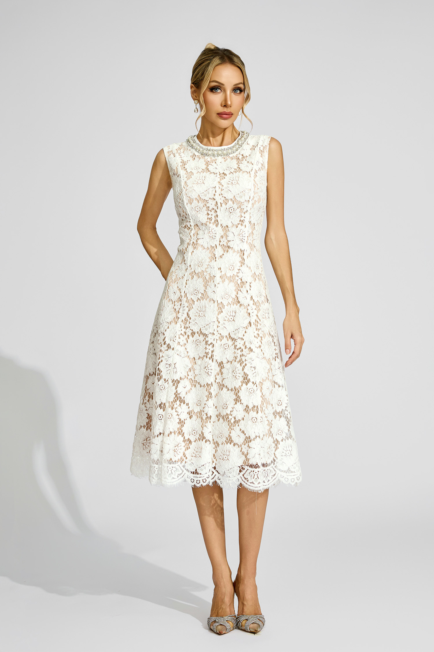 Matthew White Lace Embellished Dress