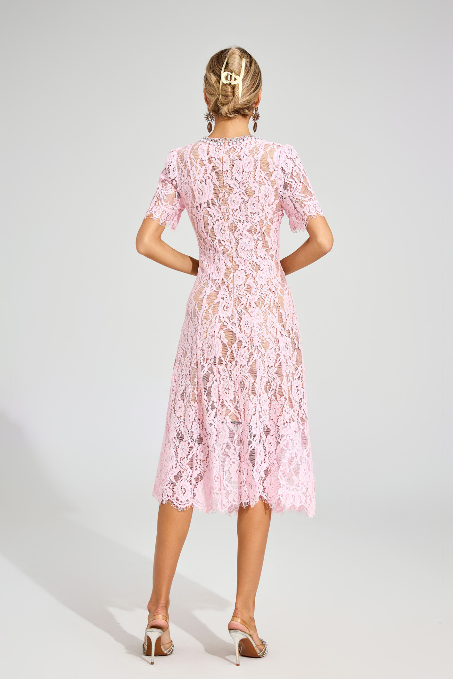 Kerwin Pink Cut Out Lace Midi Dress