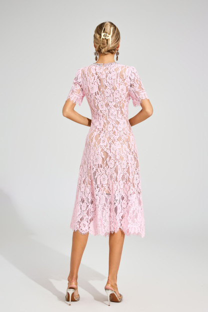 Kerwin Pink Cut Out Lace Midi Dress