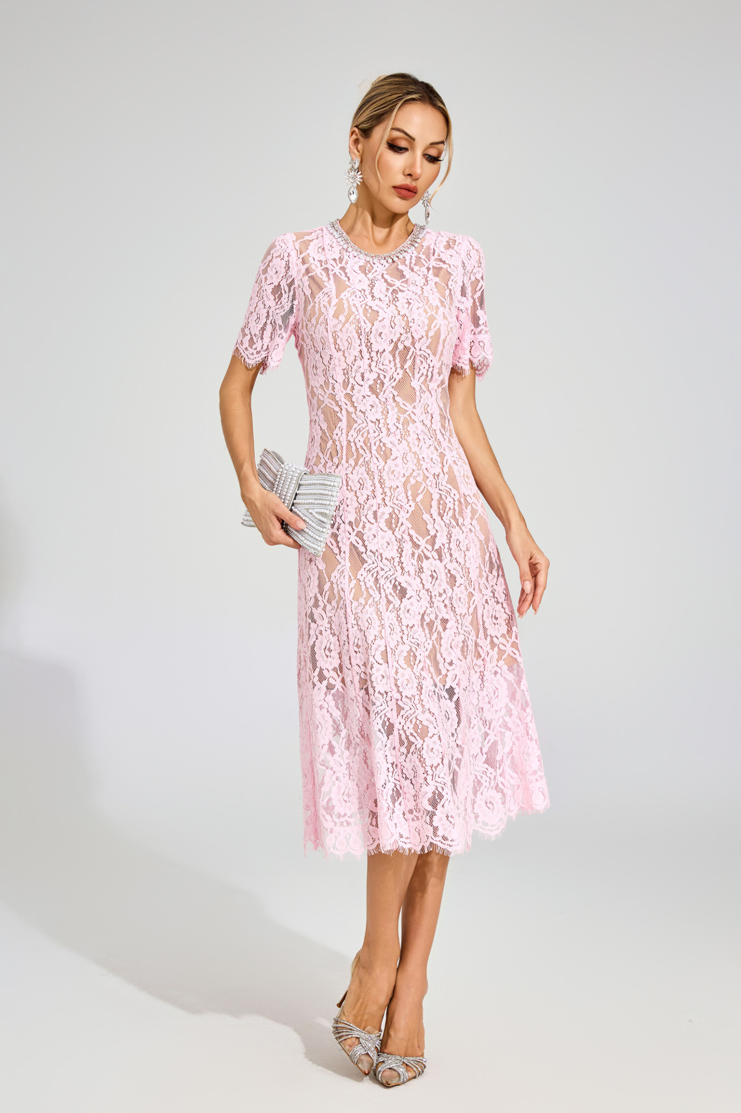 Kerwin Pink Cut Out Lace Midi Dress