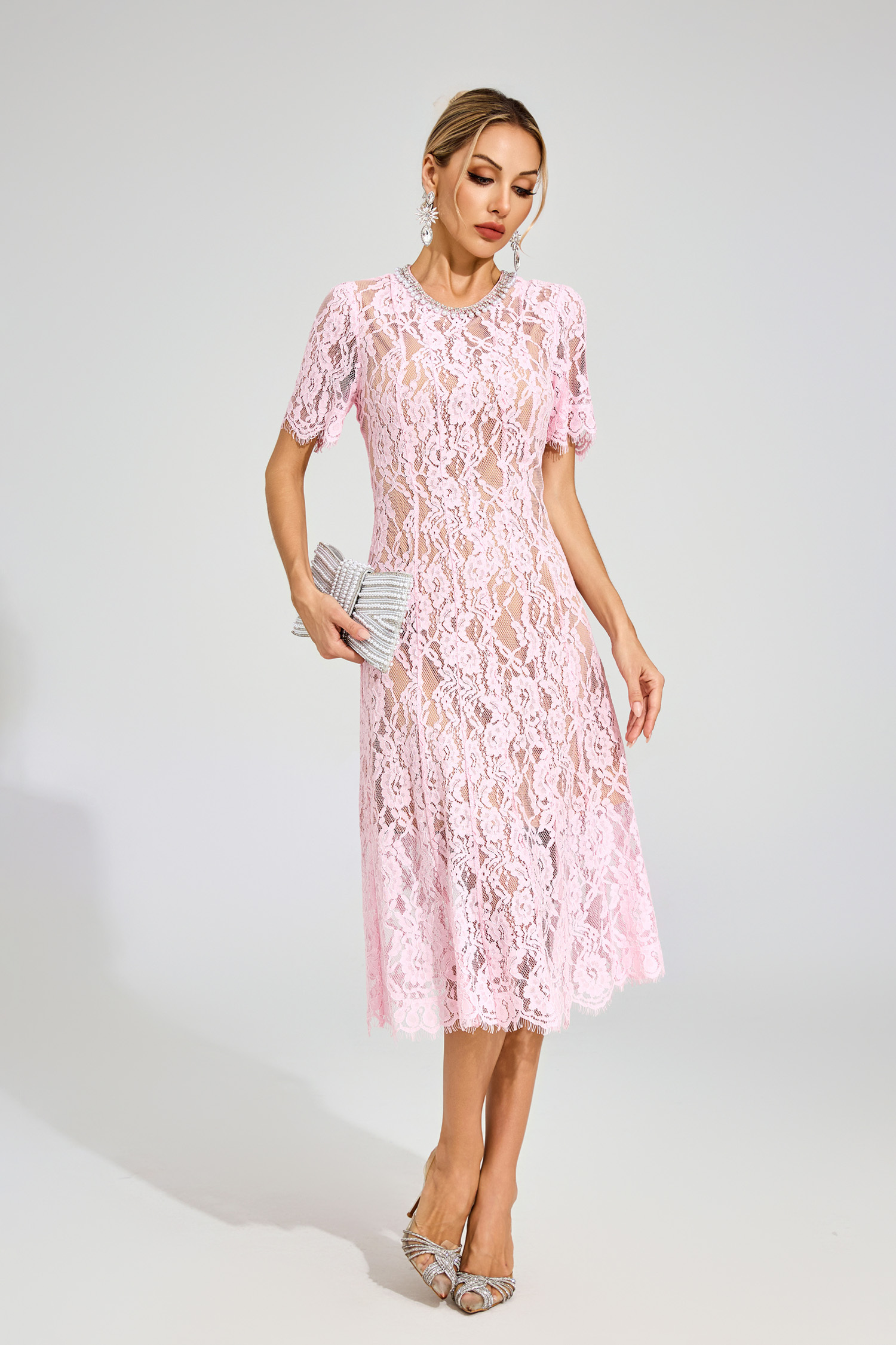 Kerwin Pink Cut Out Lace Midi Dress