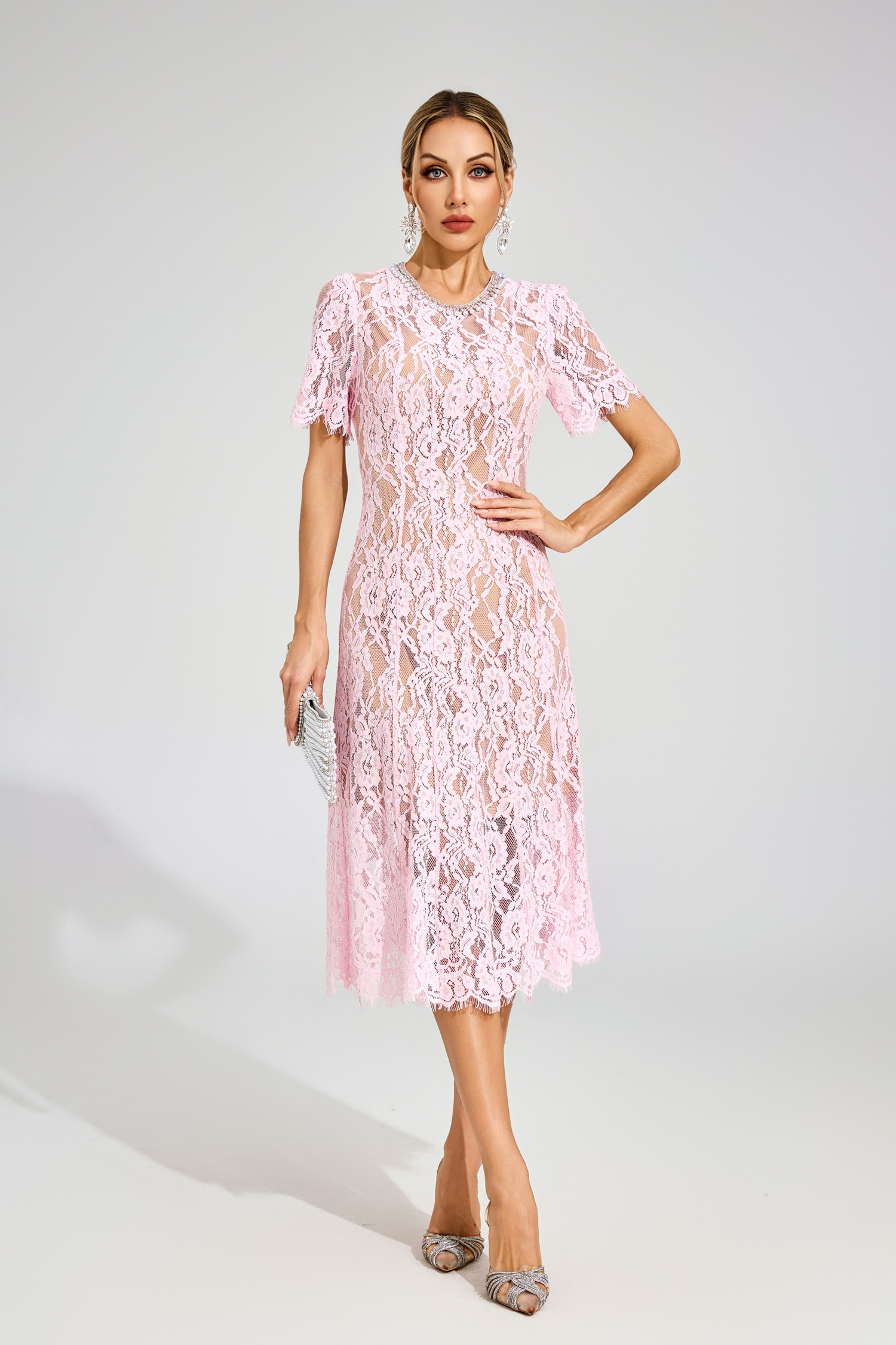 Kerwin Pink Cut Out Lace Midi Dress