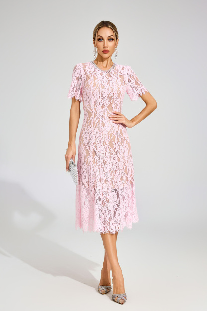 Kerwin Pink Cut Out Lace Midi Dress