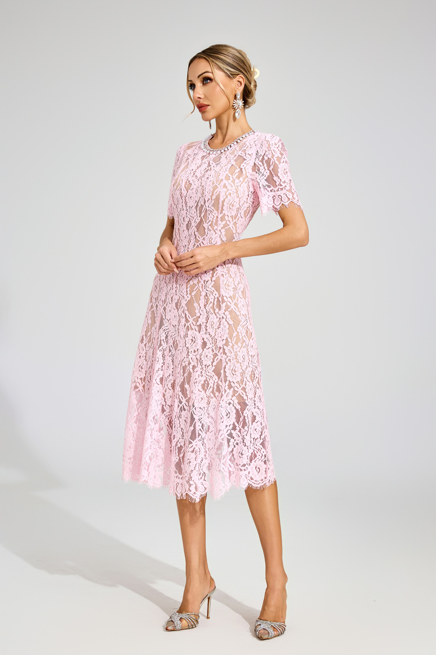 Kerwin Pink Cut Out Lace Midi Dress