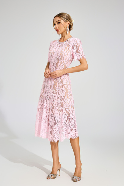Kerwin Pink Cut Out Lace Midi Dress