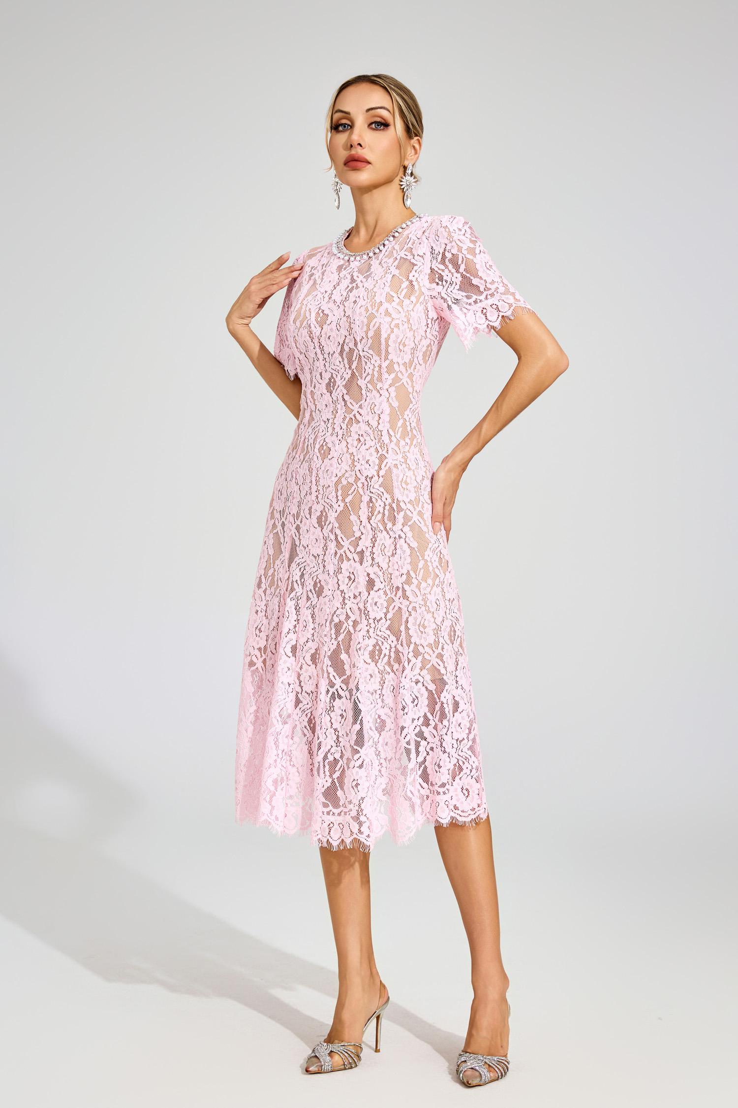 Kerwin Pink Cut Out Lace Midi Dress
