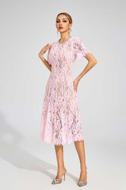 Kerwin Pink Cut Out Lace Midi Dress