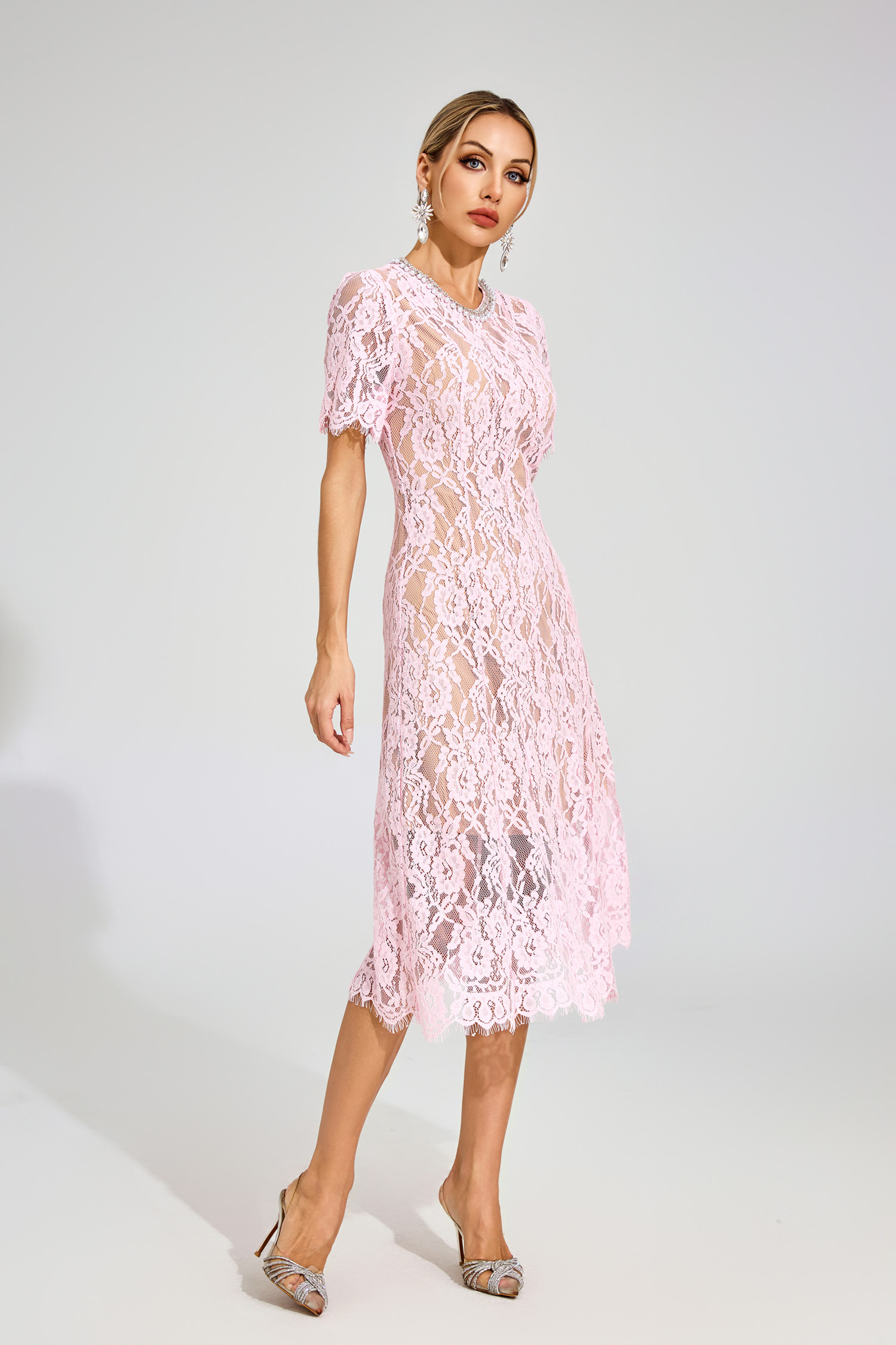 Kerwin Pink Cut Out Lace Midi Dress