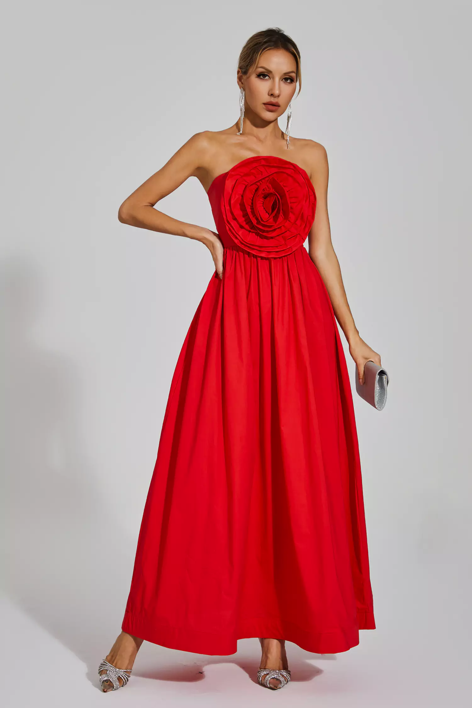 Delia Red Rose Flower Off Shoulder Dress