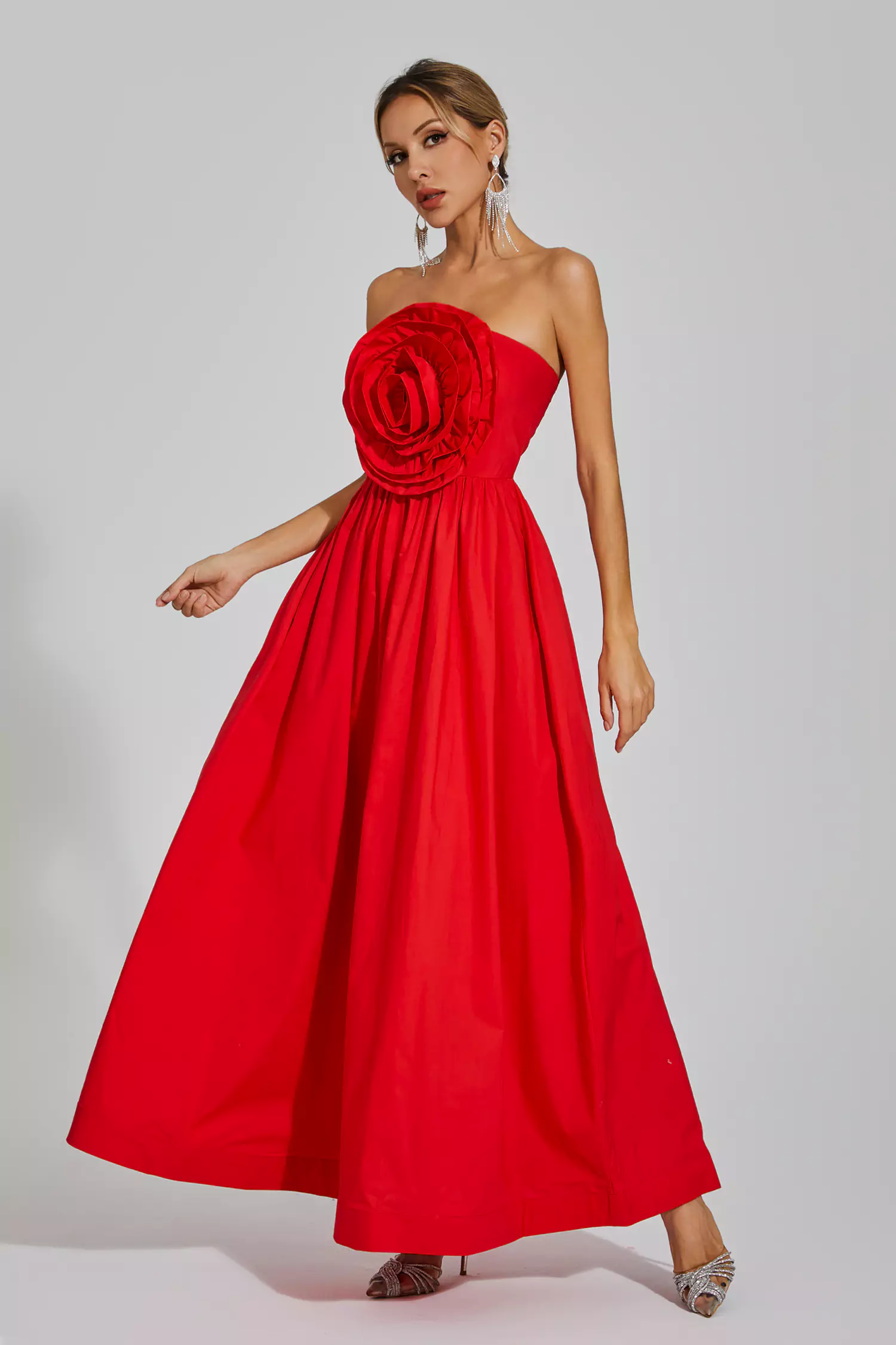 Delia Red Rose Flower Off Shoulder Dress