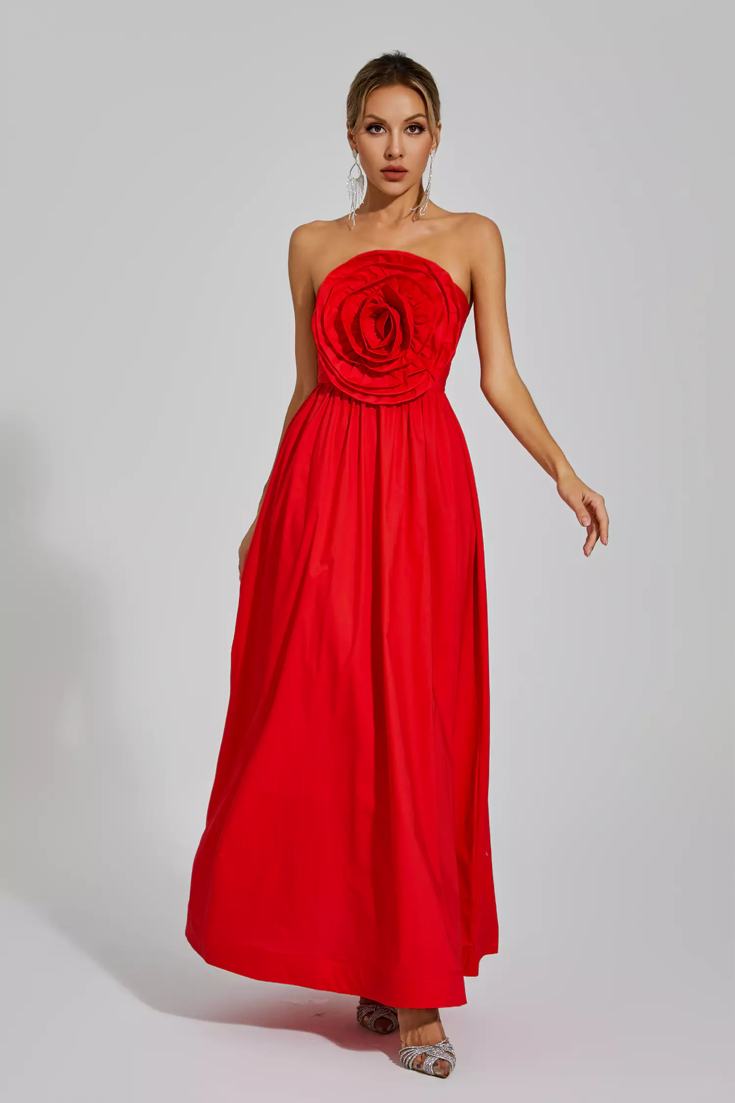 Delia Red Rose Flower Off Shoulder Dress