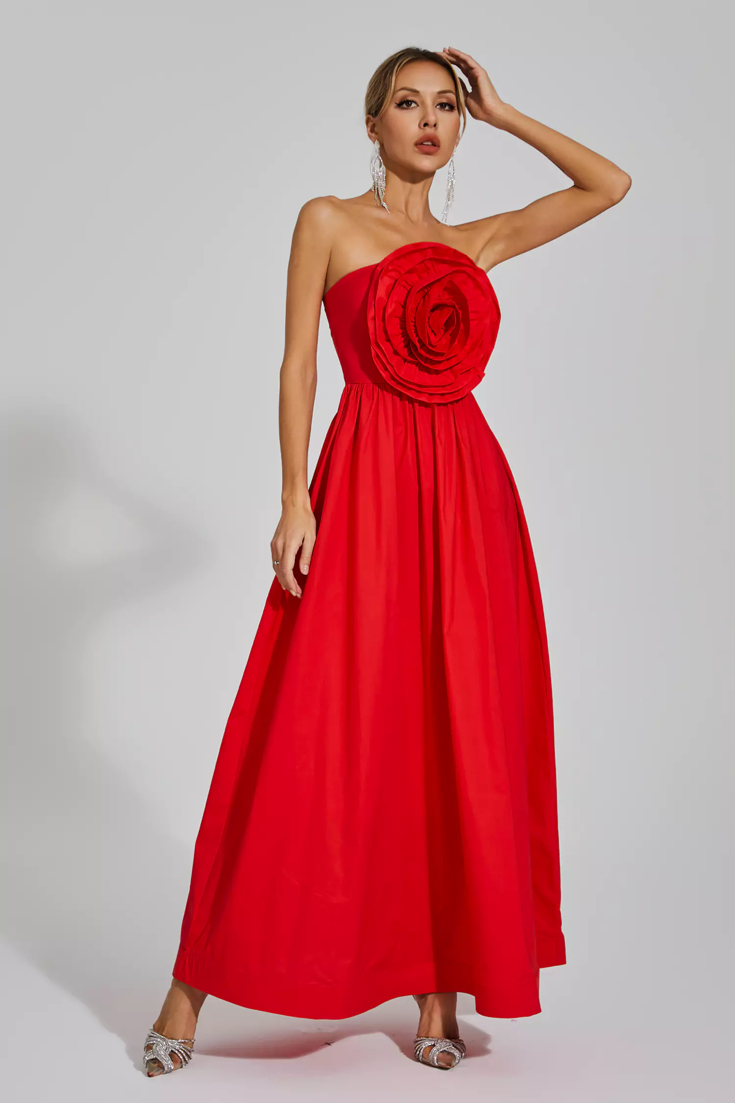 Delia Red Rose Flower Off Shoulder Dress