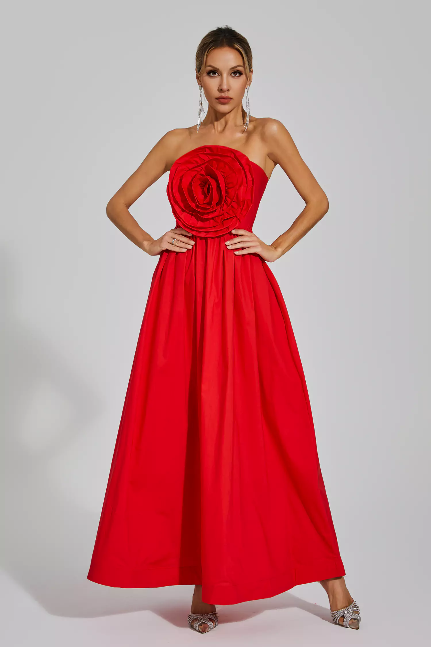 Delia Red Rose Flower Off Shoulder Dress