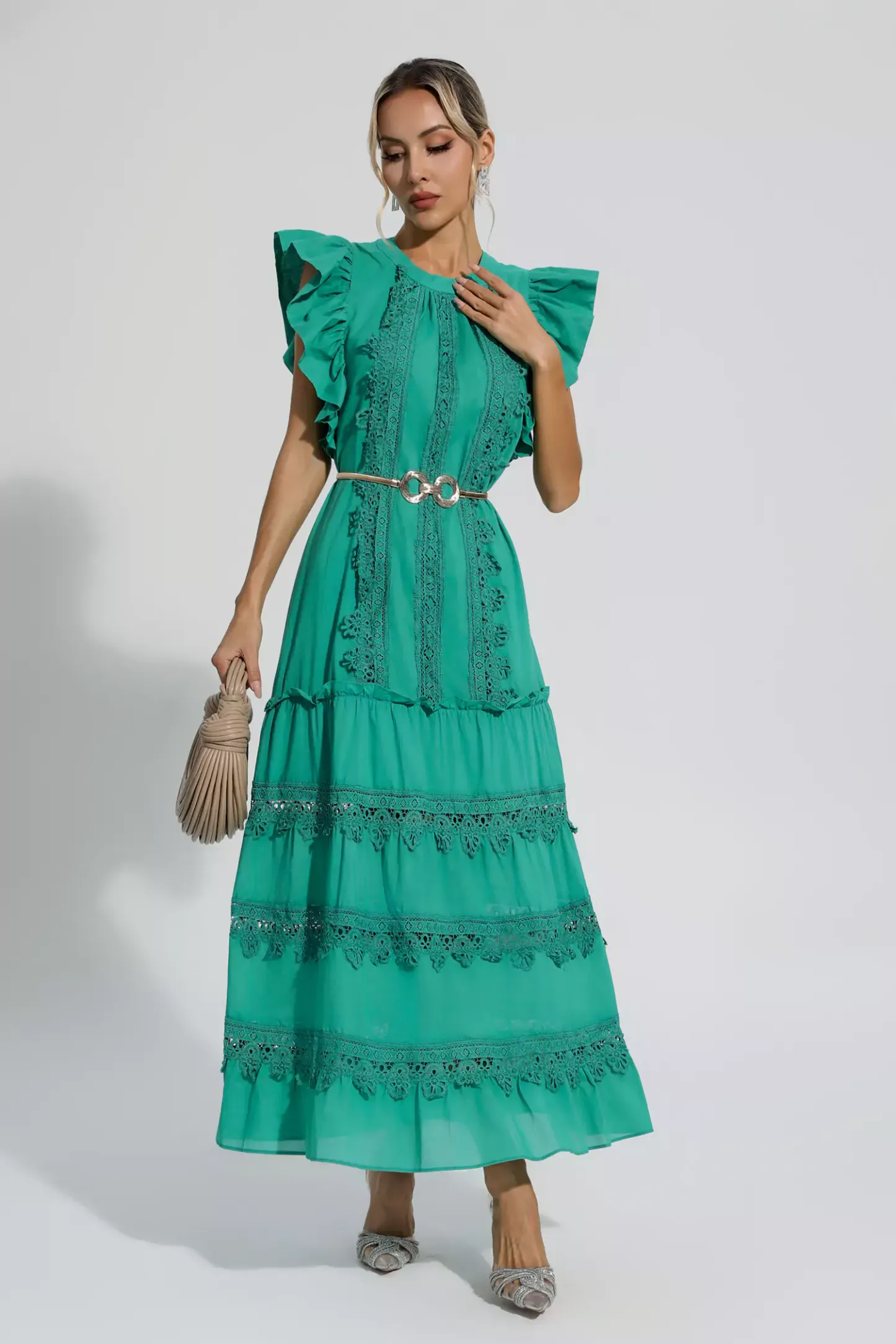 Pulitzer Green Embroidered Belted Maxi Dress
