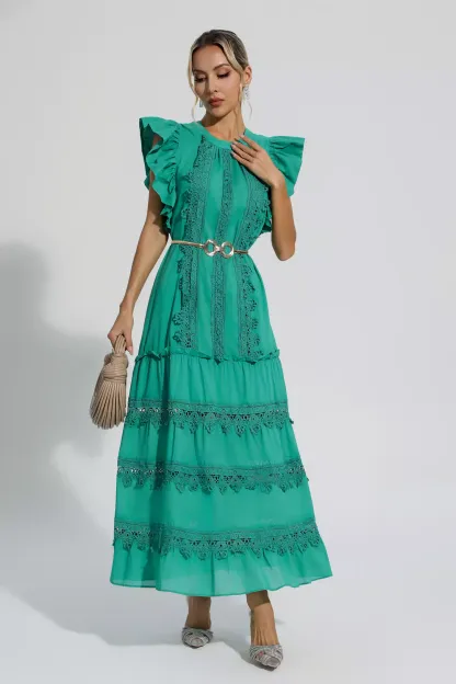 Pulitzer Green Embroidered Belted Maxi Dress