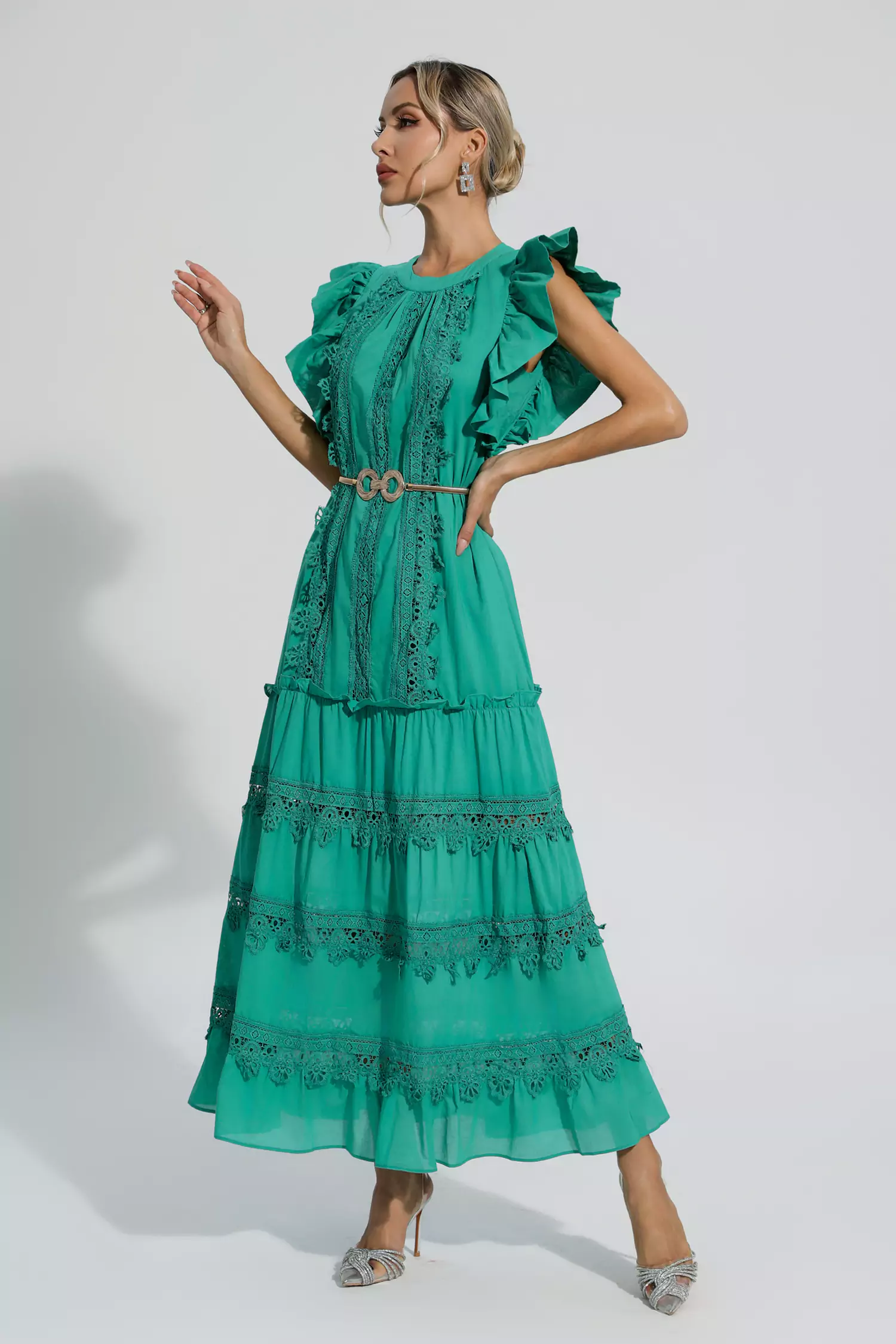 Pulitzer Green Embroidered Belted Maxi Dress