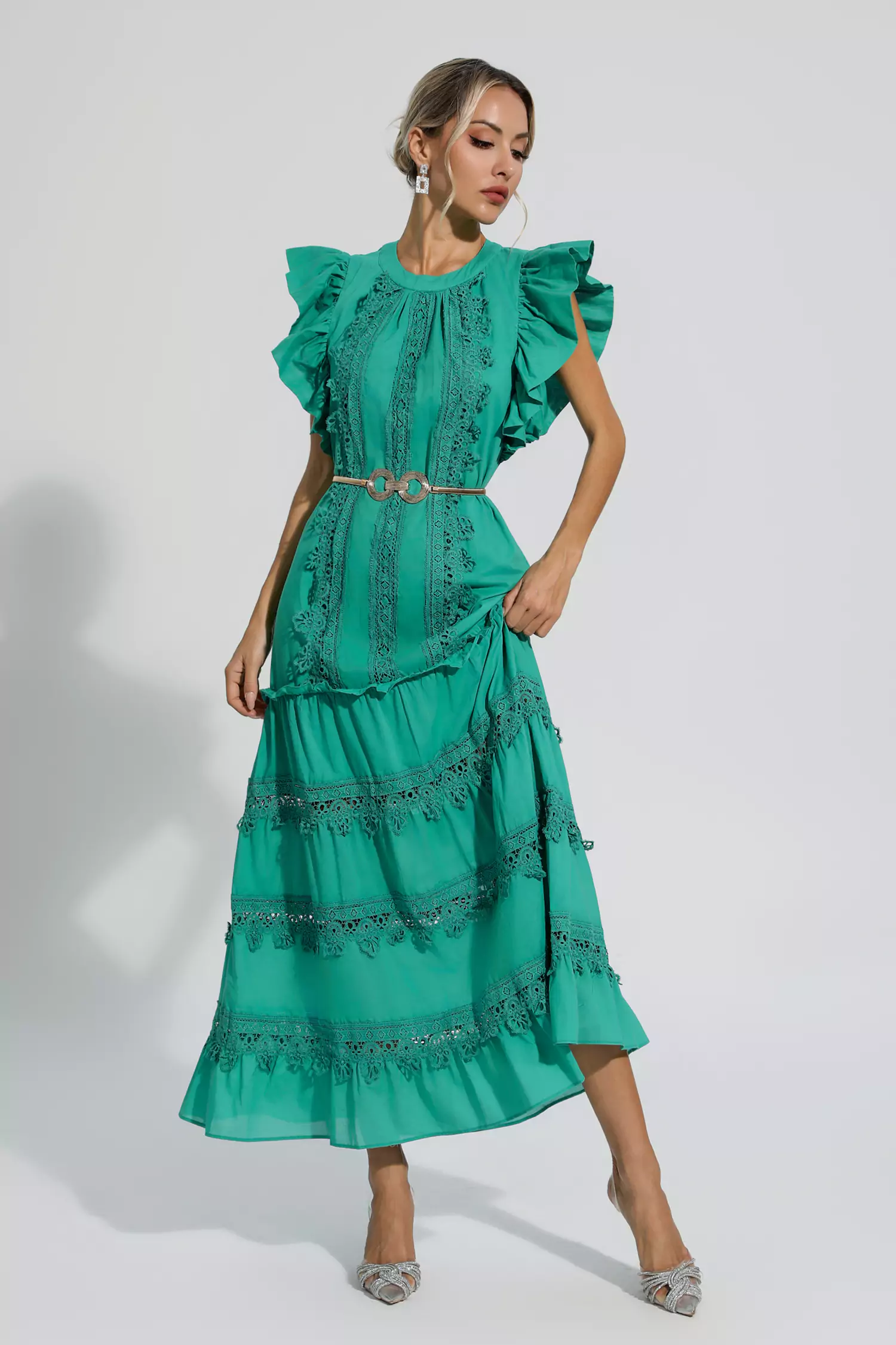 Pulitzer Green Embroidered Belted Maxi Dress