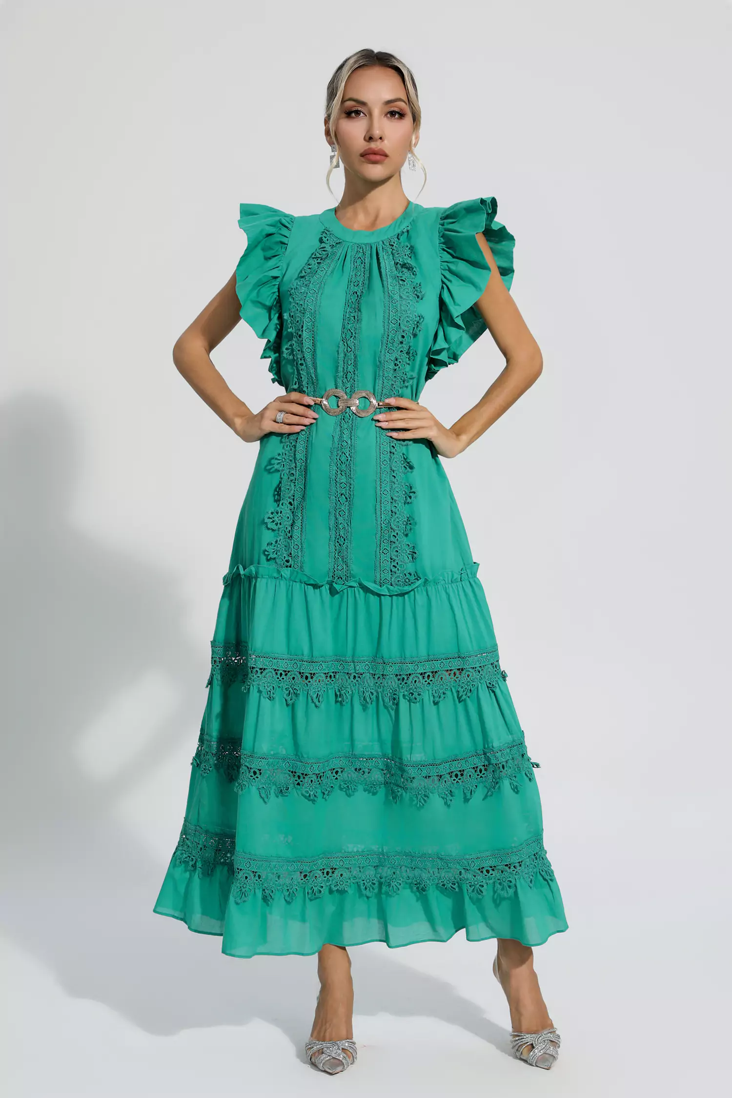 Pulitzer Green Embroidered Belted Maxi Dress
