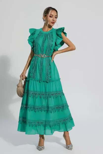 Pulitzer Green Embroidered Belted Maxi Dress